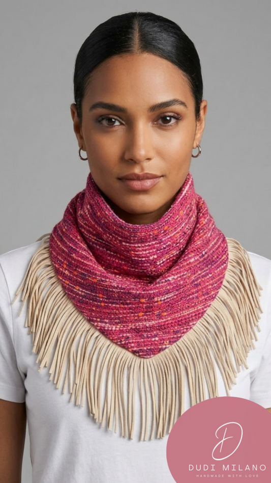 Sciarpa fucsia mélange con frange beige