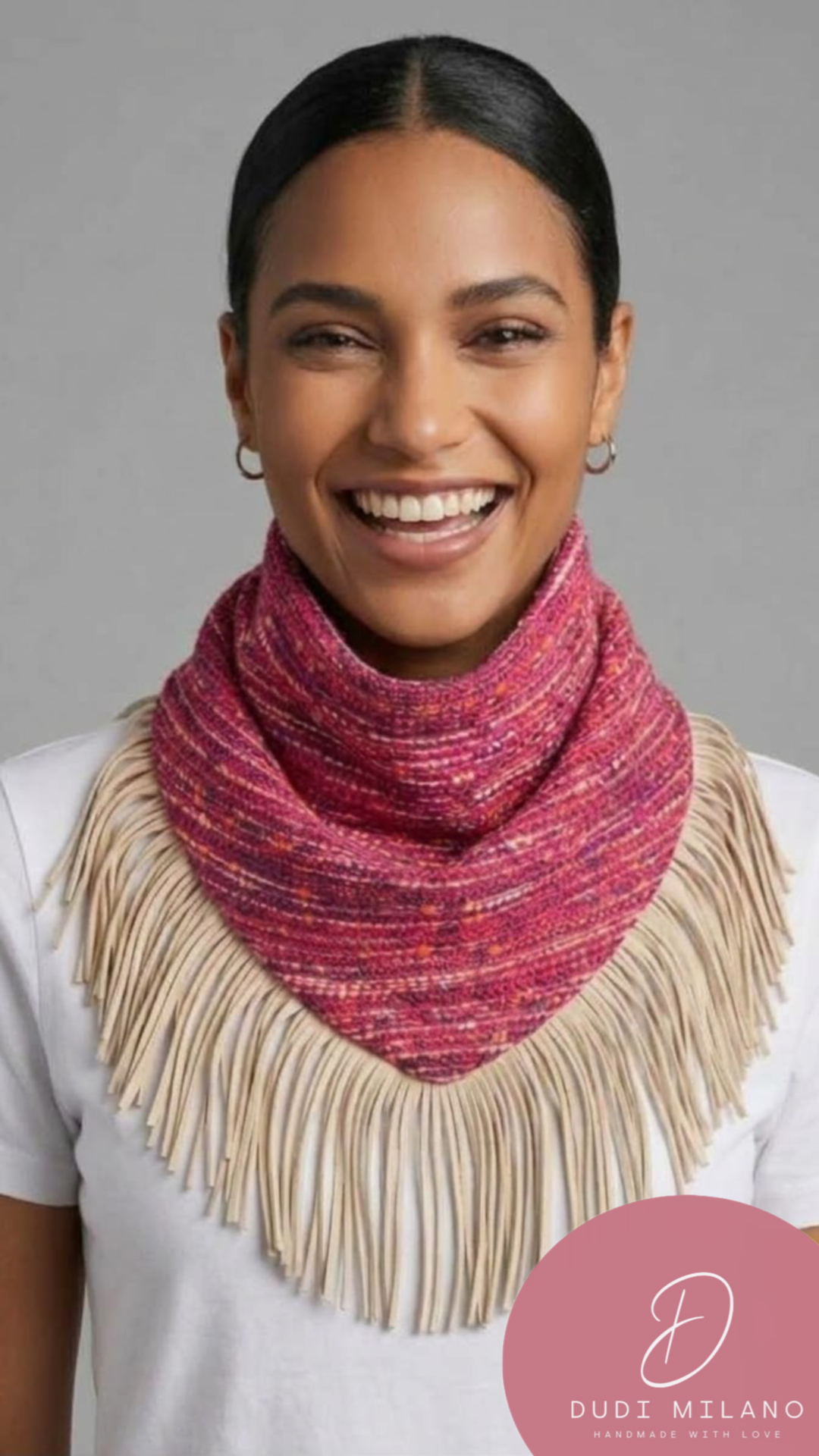 Sciarpa fucsia mélange con frange beige