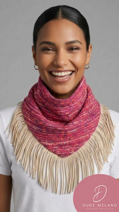 Sciarpa fucsia mélange con frange beige