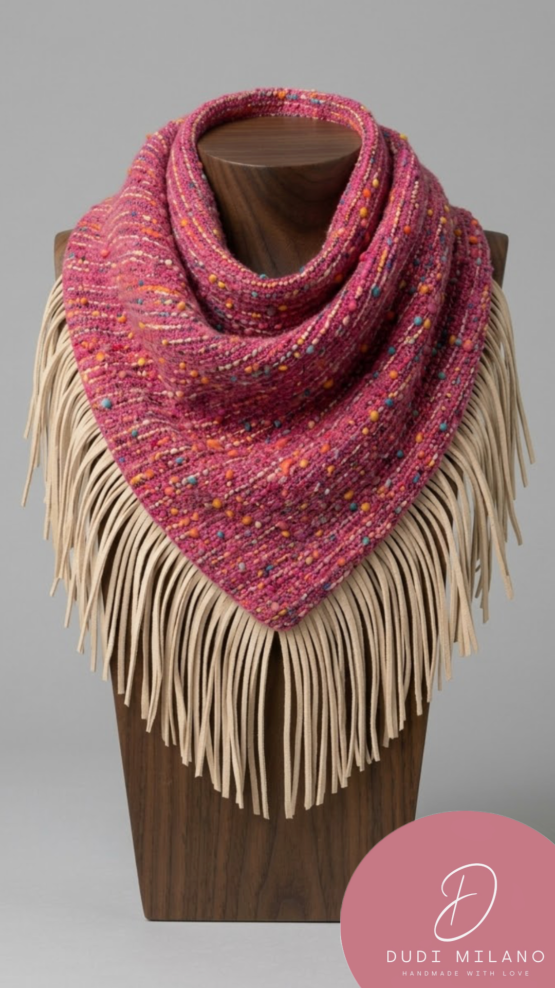Sciarpa fucsia mélange con frange beige