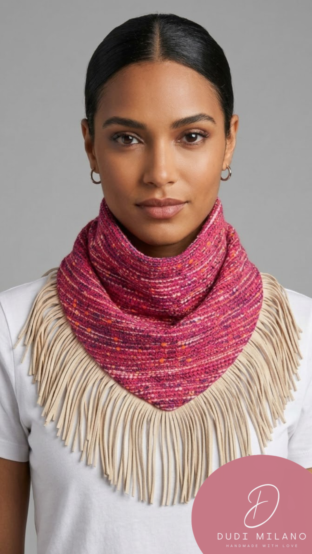 Sciarpa fucsia mélange con frange beige