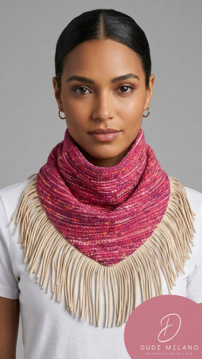 Sciarpa fucsia mélange con frange beige